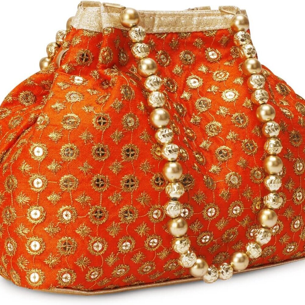 Ethnic Silk Potli Bag Women's Drawstring Beaded Embellished Dark Orange